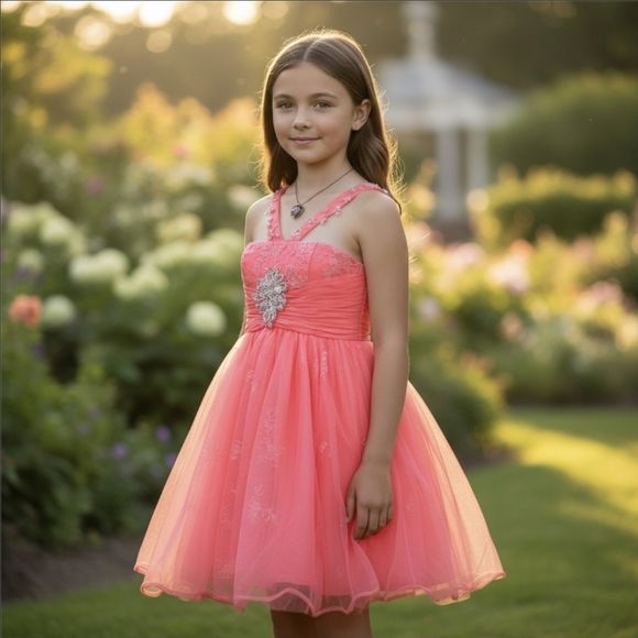 Sherri Hill ✦ Coral Tulle Dress Girls 12 ✦ Beaded Straps Jeweled Brooch Pageant - Picture 14 of 17